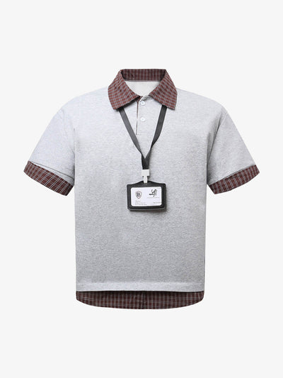 Plaid Patchwork Faux Two-Piece Lapel Polo Shirt