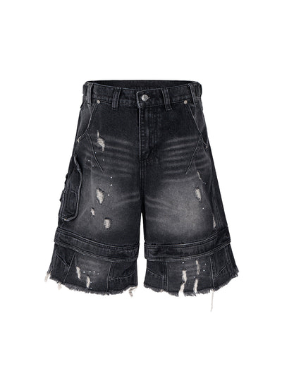 Ripped Washed Tassel Cargo Denim Shorts