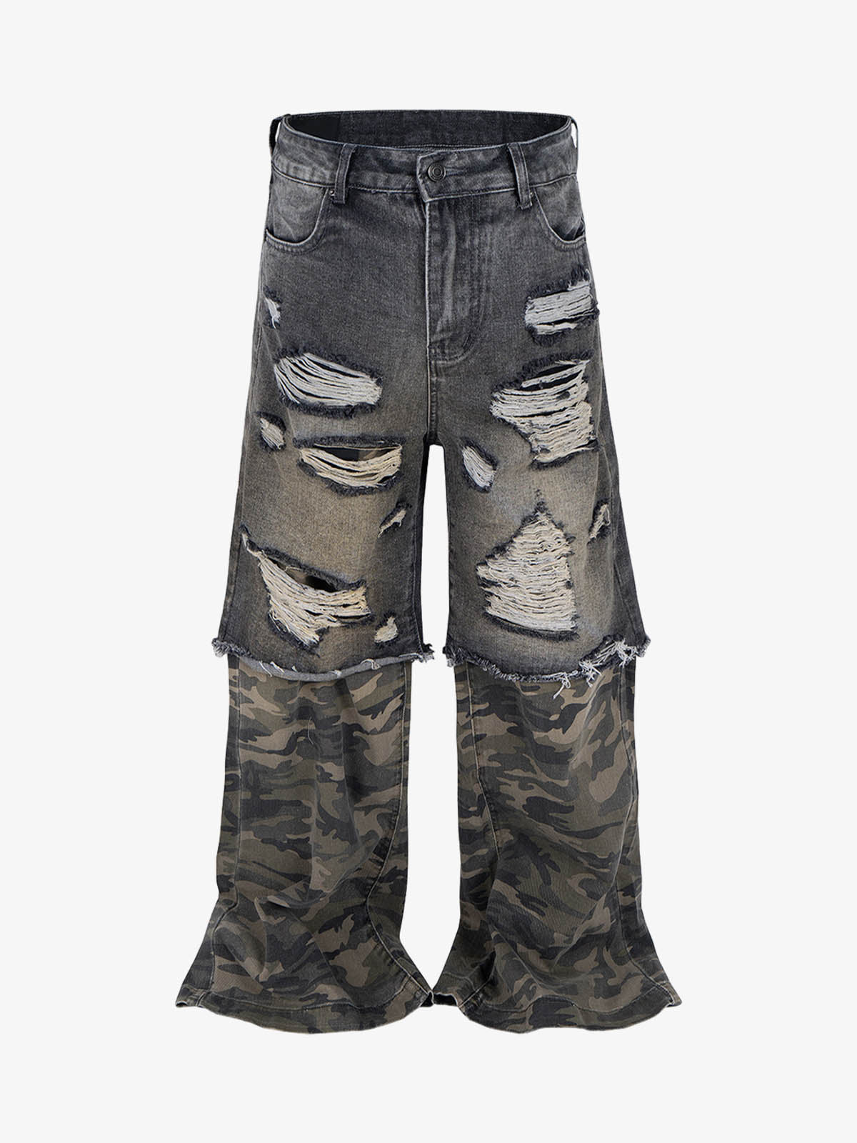 Camouflage Patchwork Flared Wide-leg Ripped Jeans