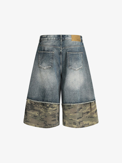 Camouflage Hem Patchwork Denim Shorts