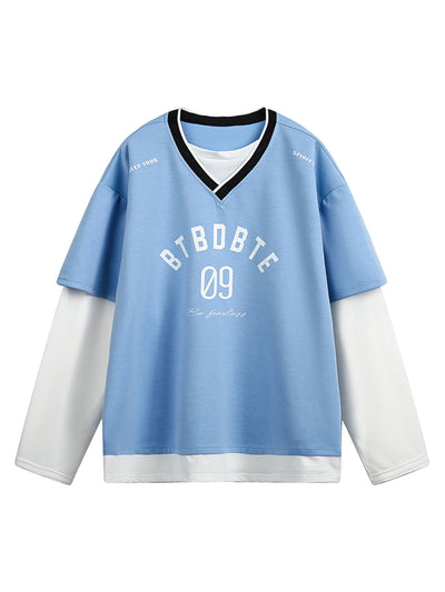 Faux Two-Piece Jersey Print Long Sleeve T-shirt - 2296