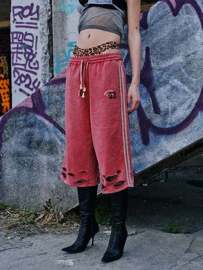 Distressed Ripped Red Culotte Jorts