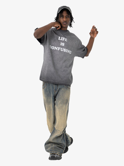 Washed Spray Color Gradient Letter Print T-shirt