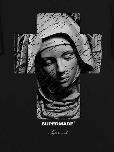 Original Retro Virgin Mary Mottled Cross Print T-Shirt