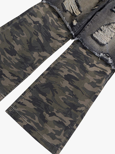 Camouflage Patchwork Flared Wide-leg Ripped Jeans