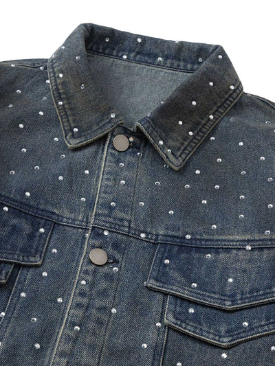 Hip-hop Beaded Washed Denim Jacket - 2264