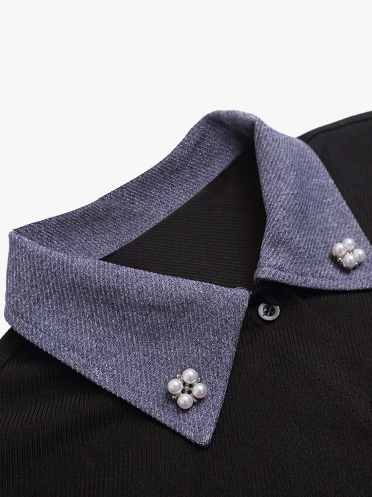 Fake Two-piece Stitching Lapel Pearl Button Shirt