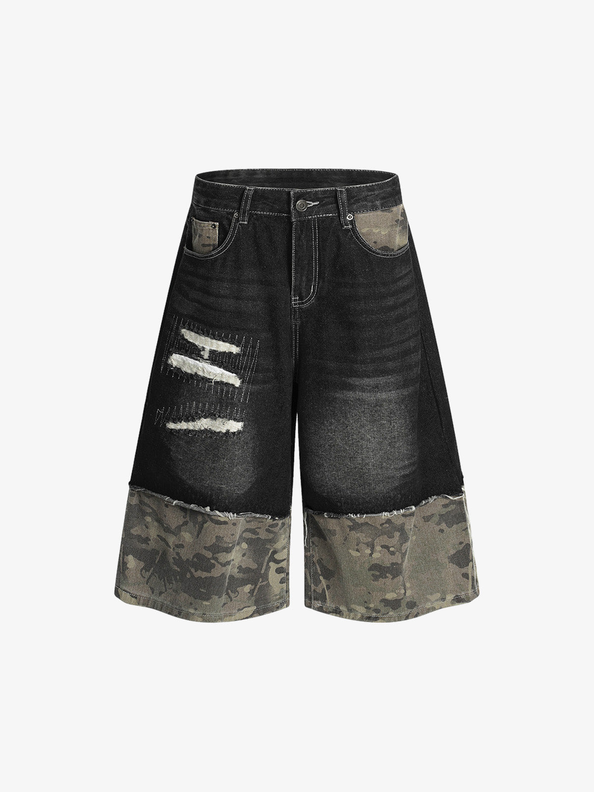 Camouflage Hem Patchwork Denim Shorts