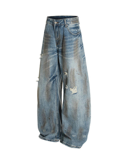 Washed Distressed Ripped Barrel Jeans