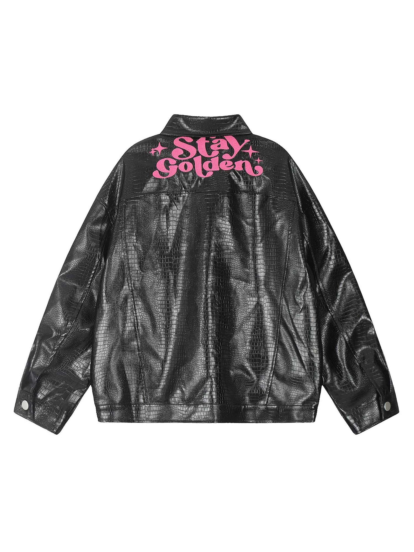 Star Embroidered PU Leather Jacket - 2358