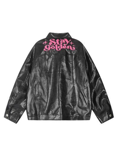 Star Embroidered PU Leather Jacket - 2358