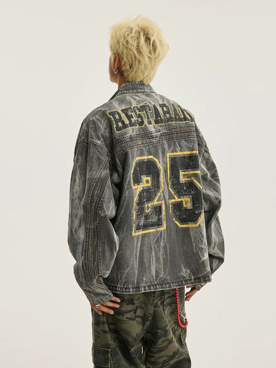 Hip-hop Distressed Washed Printed Denim Jacket - 2239