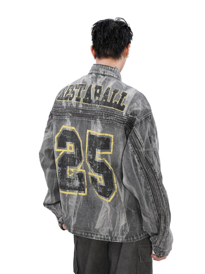 Hip-hop Distressed Washed Printed Denim Jacket - 2239