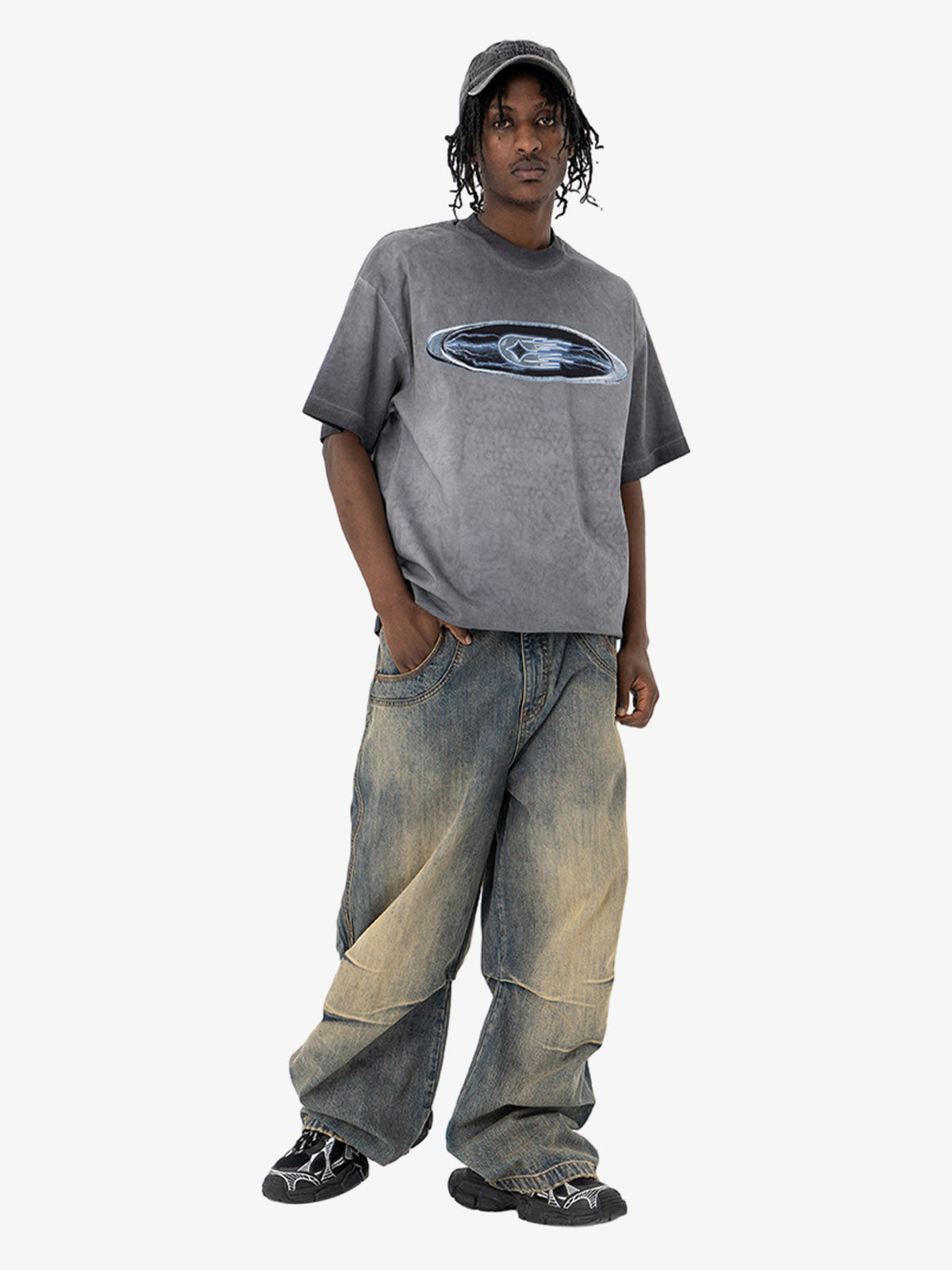 Washed Spray Color Graphic Round Neck T-shirt