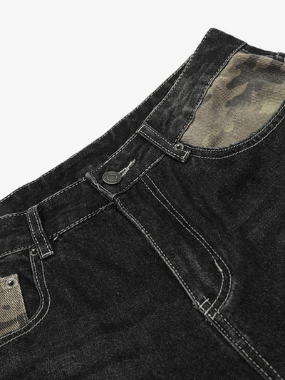 Camouflage Hem Patchwork Denim Shorts