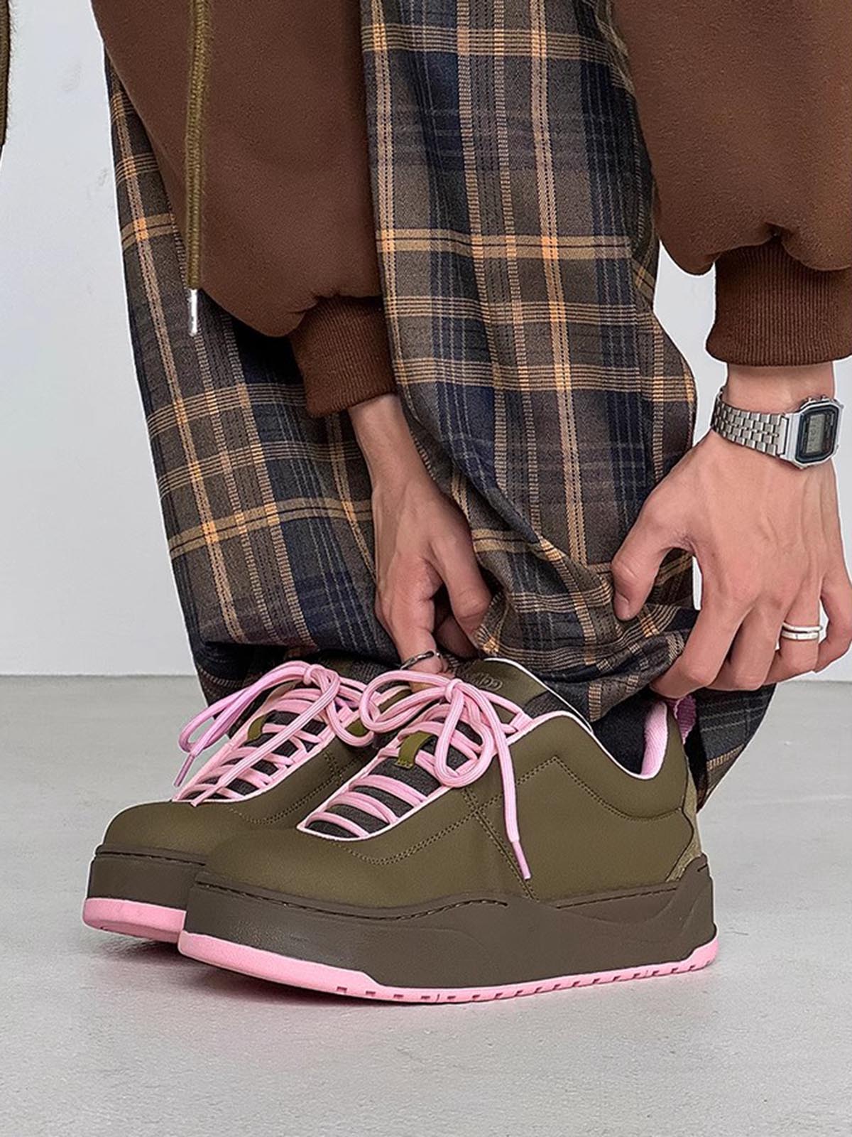 Retro Pink And Brown Thick-soled Casual Sneakers