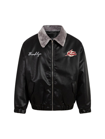 Embroidered Fur Collar PU leather Quilted Jacket - 2272