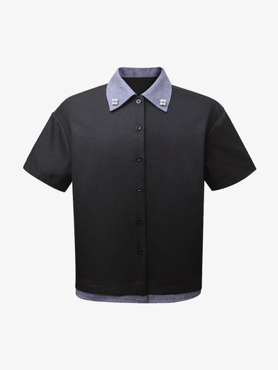 Fake Two-piece Stitching Lapel Pearl Button Shirt
