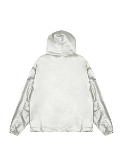 Silver Leather  Motorcycle Hooded Jacket