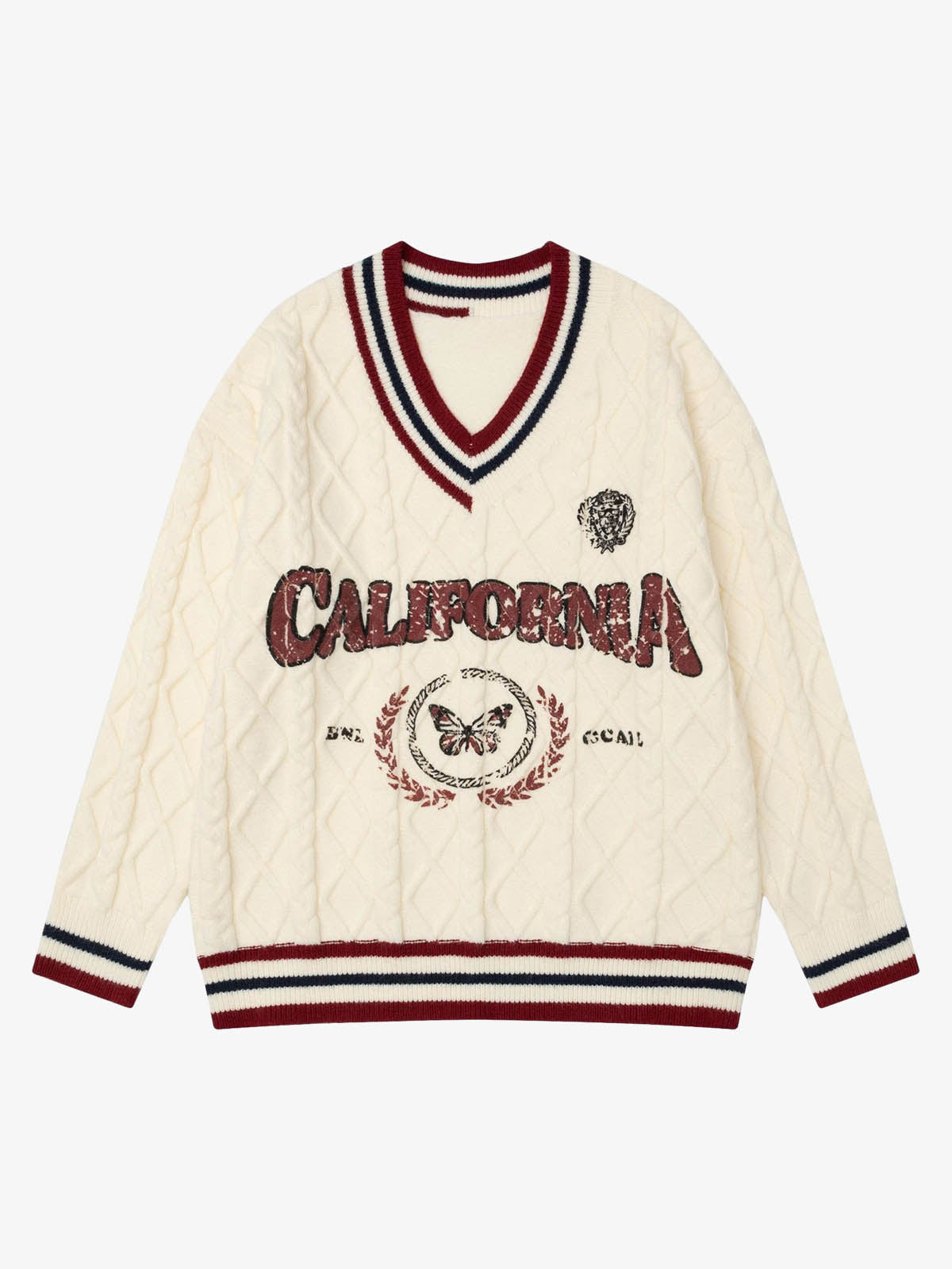 Jacquard Knitted  Embroidered V-neck Sweater