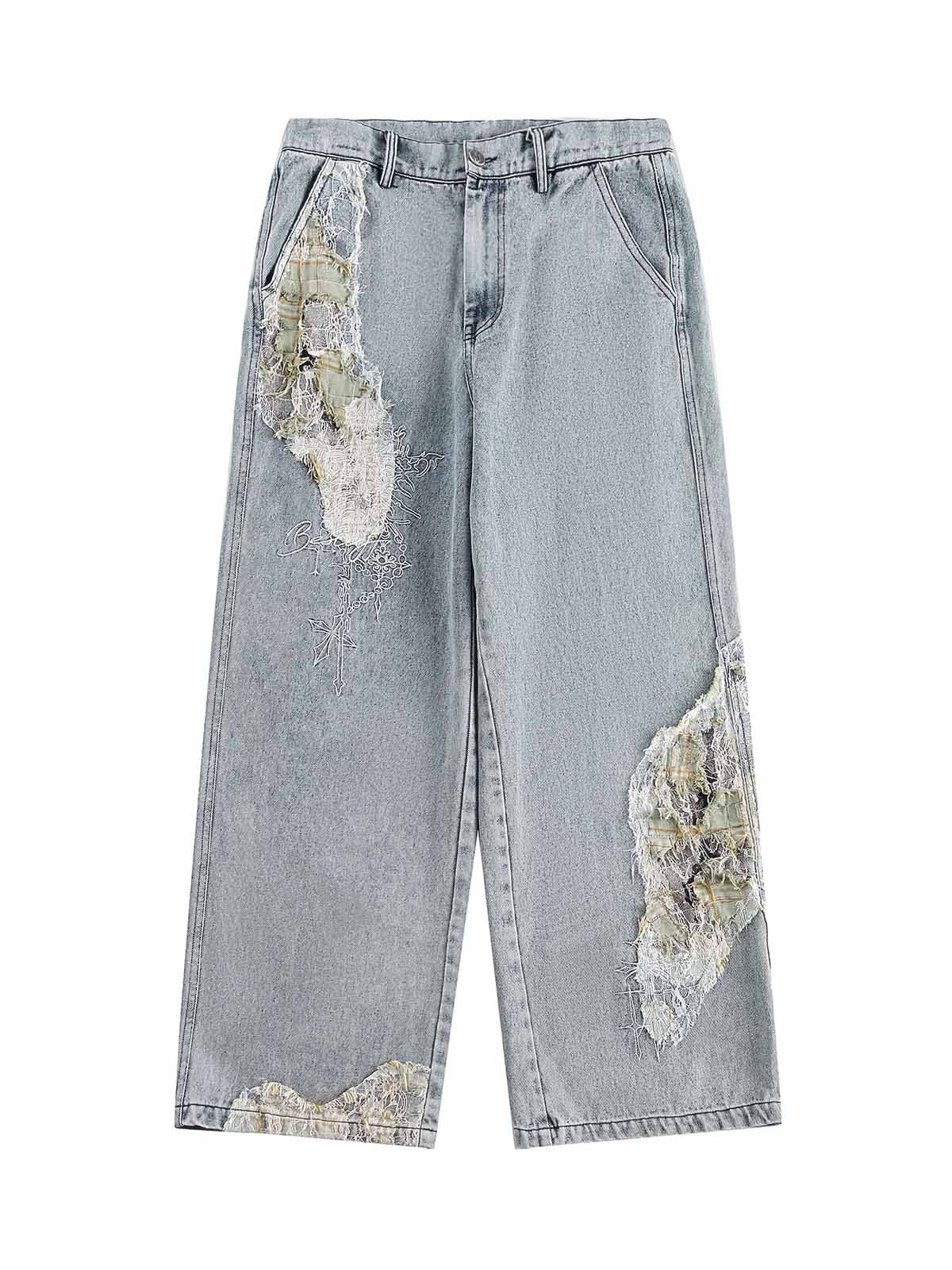 Ripped Lace Patchwork Straight Jeans