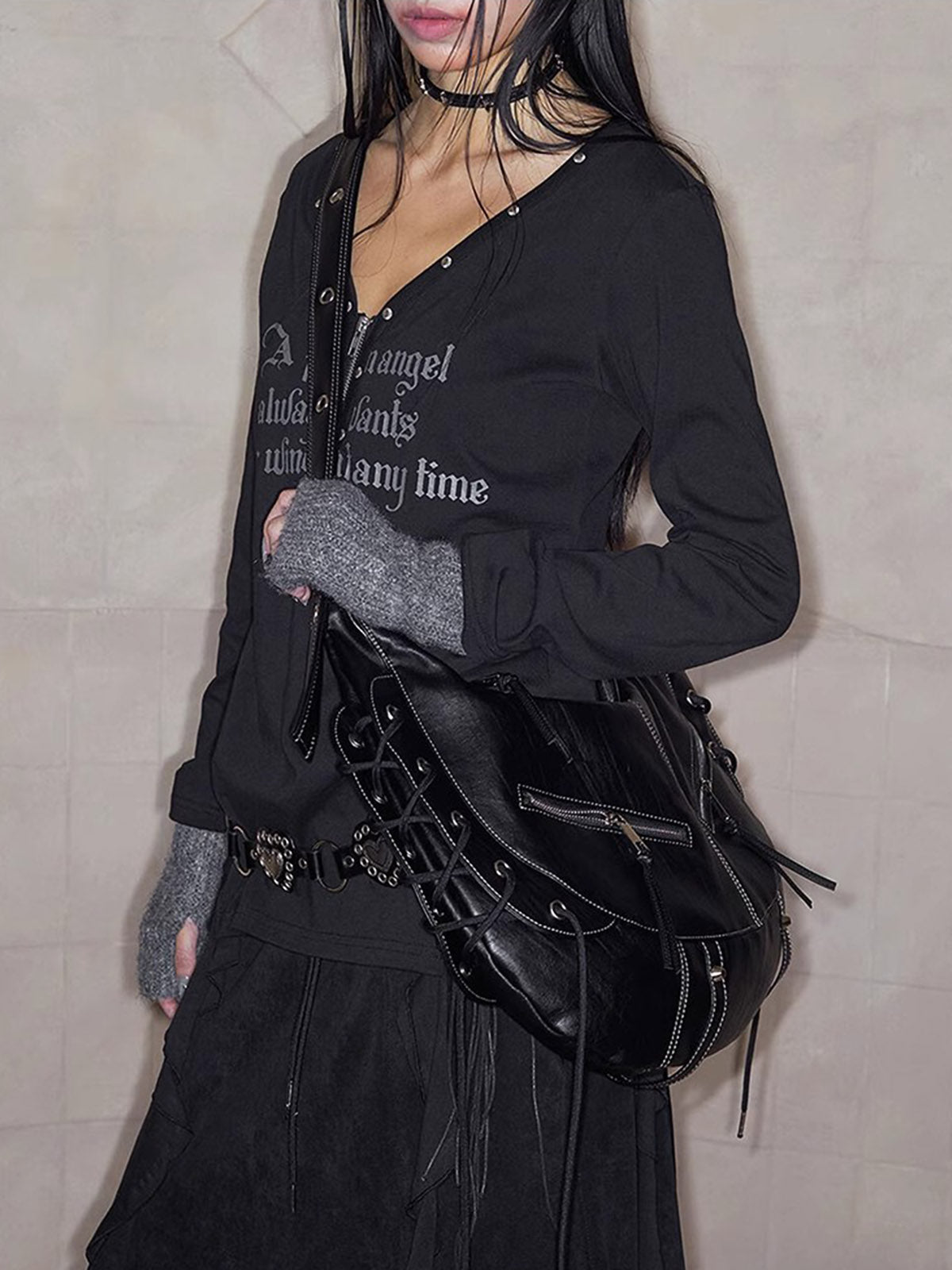 Lace-up Punk Motorcycle Metal Zipper Tote Bag