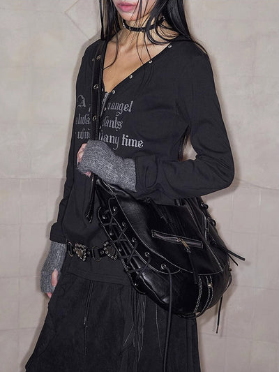 Lace-up Punk Motorcycle Metal Zipper Tote Bag