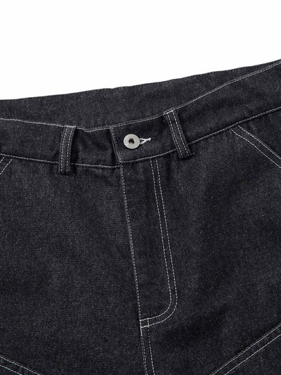 Deconstructed Split Topstitched Pleated Pocket Jeans
