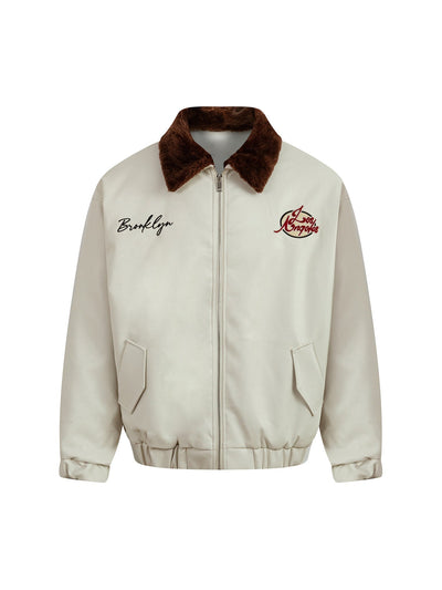 Embroidered Fur Collar PU leather Quilted Jacket - 2272