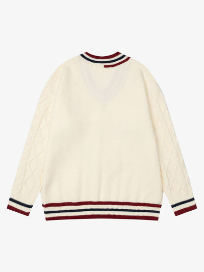 Jacquard Knitted  Embroidered V-neck Sweater