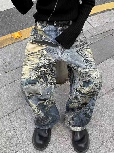 Ripped Holes Torn Optical Printed Jeans