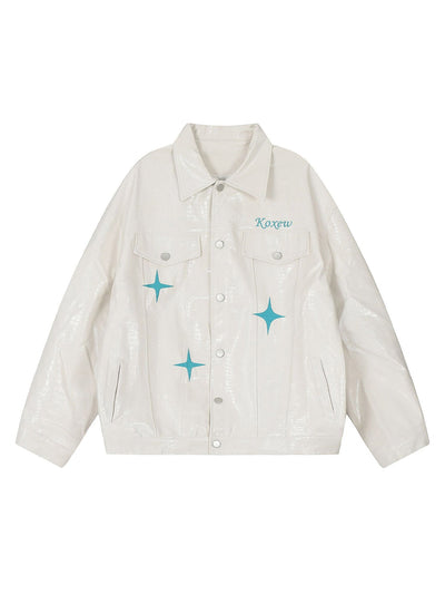 Star Embroidered PU Leather Jacket - 2358