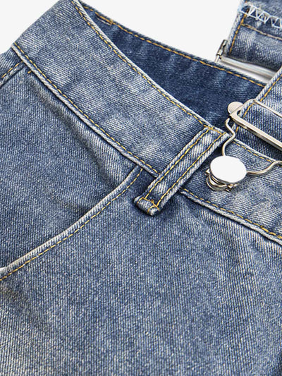 Washed Distressed Detachable Overalls Jeans