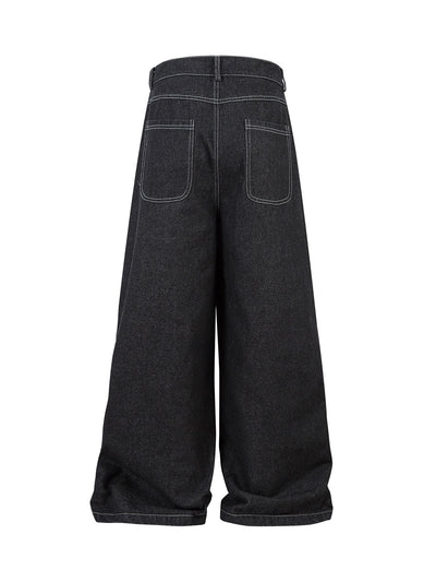 Deconstructed Split Topstitched Pleated Pocket Jeans