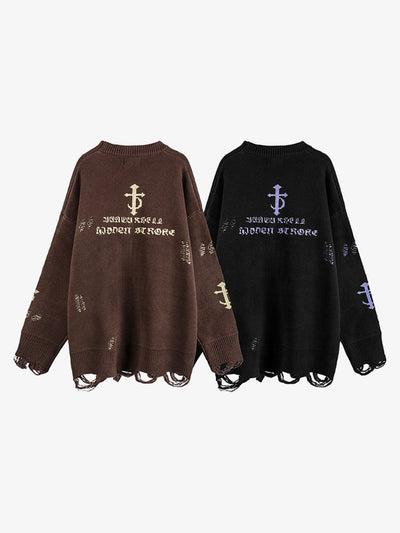 High Street Letter Jacquard Ripped Tassel Sweater