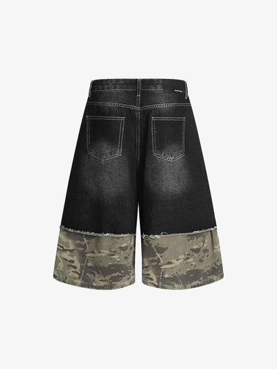 Camouflage Hem Patchwork Denim Shorts