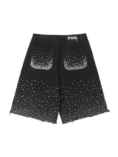 Retro Washed Rhinestone Raw Edge Denim Shorts - 2419