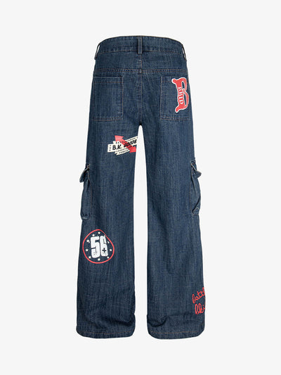 Letter Print Cargo Multi-pocket Jeans