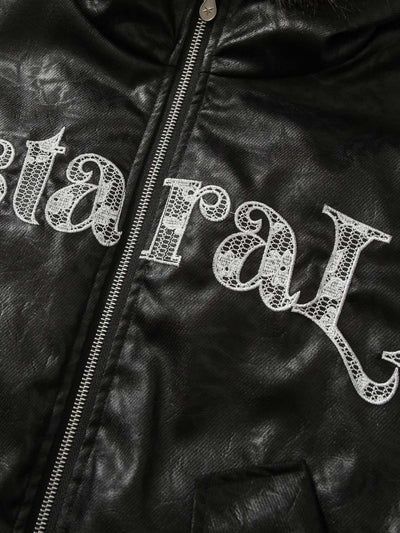 Lace Lettering Fur Hooded Leather Quited Jacket