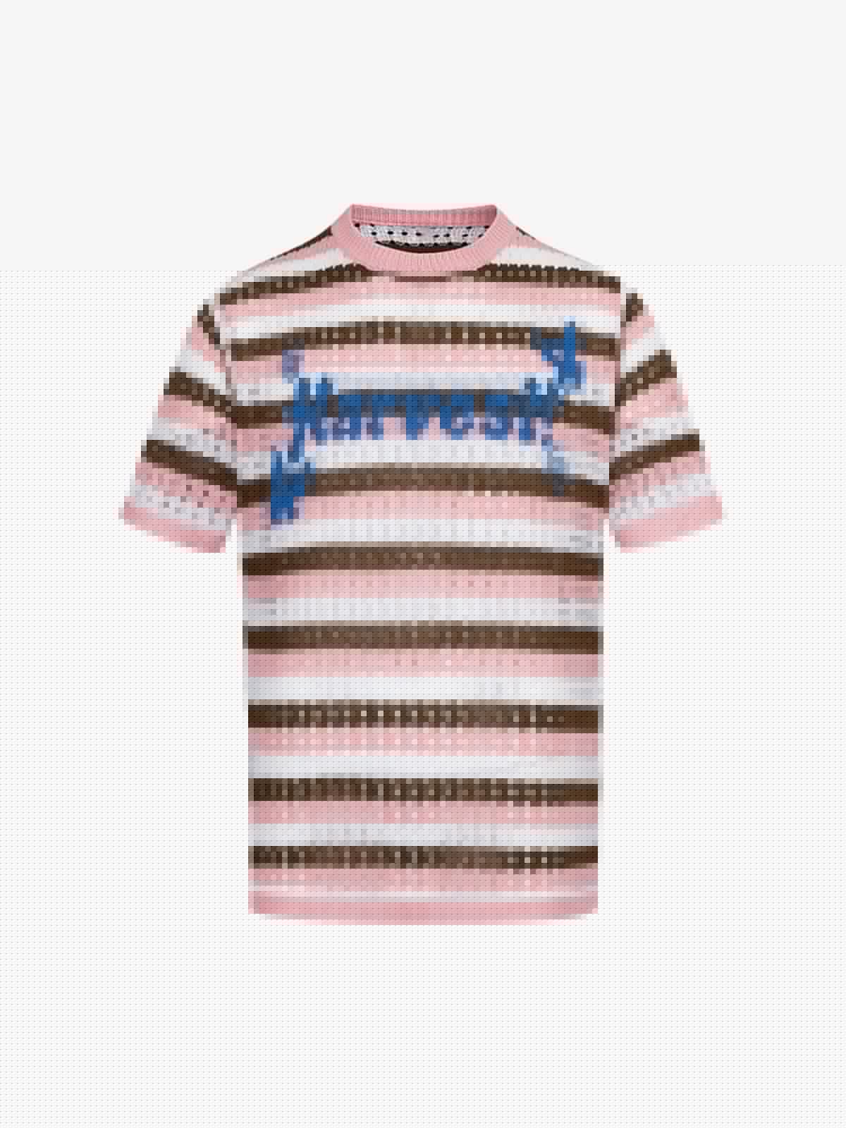 Contrast Striped Crochet Openwork Knit Short-sleeved T-shirt