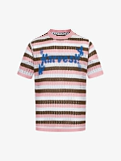 Contrast Striped Crochet Openwork Knit Short-sleeved T-shirt