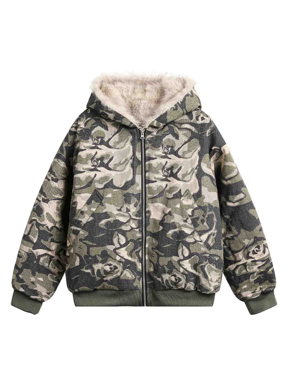 Camouflage Fur Hooded Jacket - 2353