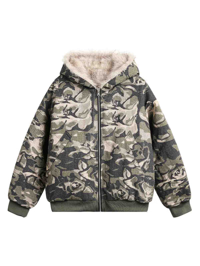 Camouflage Fur Hooded Jacket - 2353