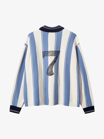 Retro Striped Polo Collar Sports Jersey Knit Sweater
