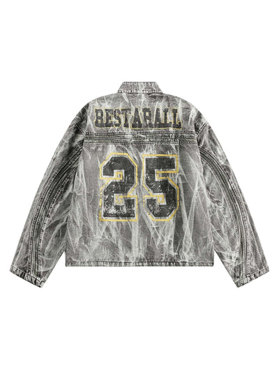 Hip-hop Distressed Washed Printed Denim Jacket - 2239