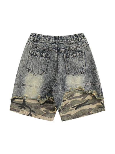 Retro Washed  Camouflage Ripped Faux Two-Piece Jorts