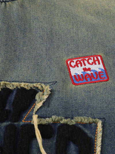 Distressed Washed Patchwork Gradient Denim T-shirt