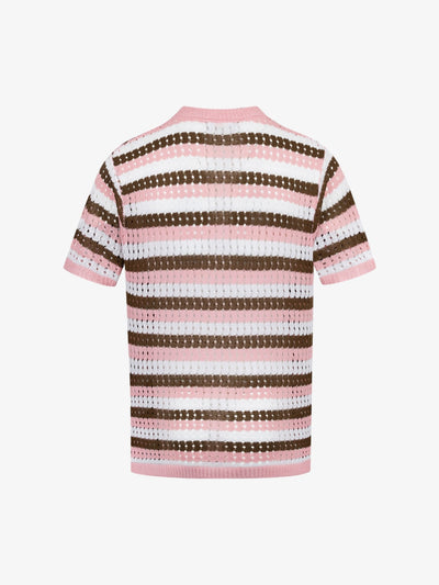 Contrast Striped Crochet Openwork Knit Short-sleeved T-shirt