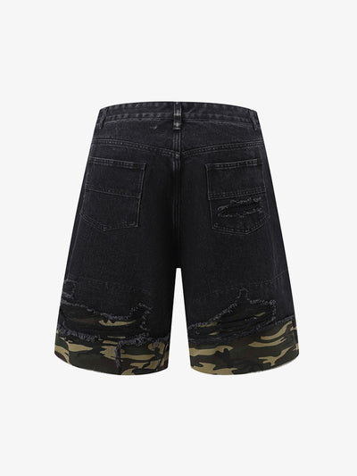 Patchwork Camouflage Ripped Shirt Jorts Denim Suit