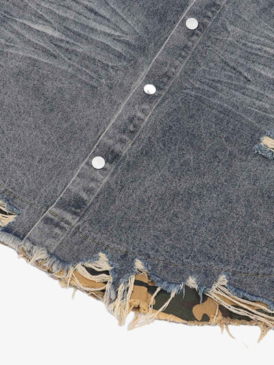 Patchwork Camouflage Ripped Shirt Jorts Denim Suit
